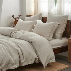 Simple&Opulence 100% Washed Linen Duvet Cover Set with Embroidered,King Size(104"x92"),3 Pieces Soft Farmhouse Comforter Set with Button Closure,1 Duvet Cover and 2
