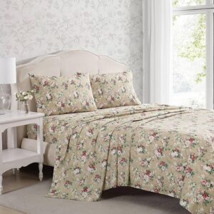 Laura Ashley - King Sheets, Cotton Percale Bedding Set, Lightweight & Breathable Home Decor (Ashfield Beige, King)